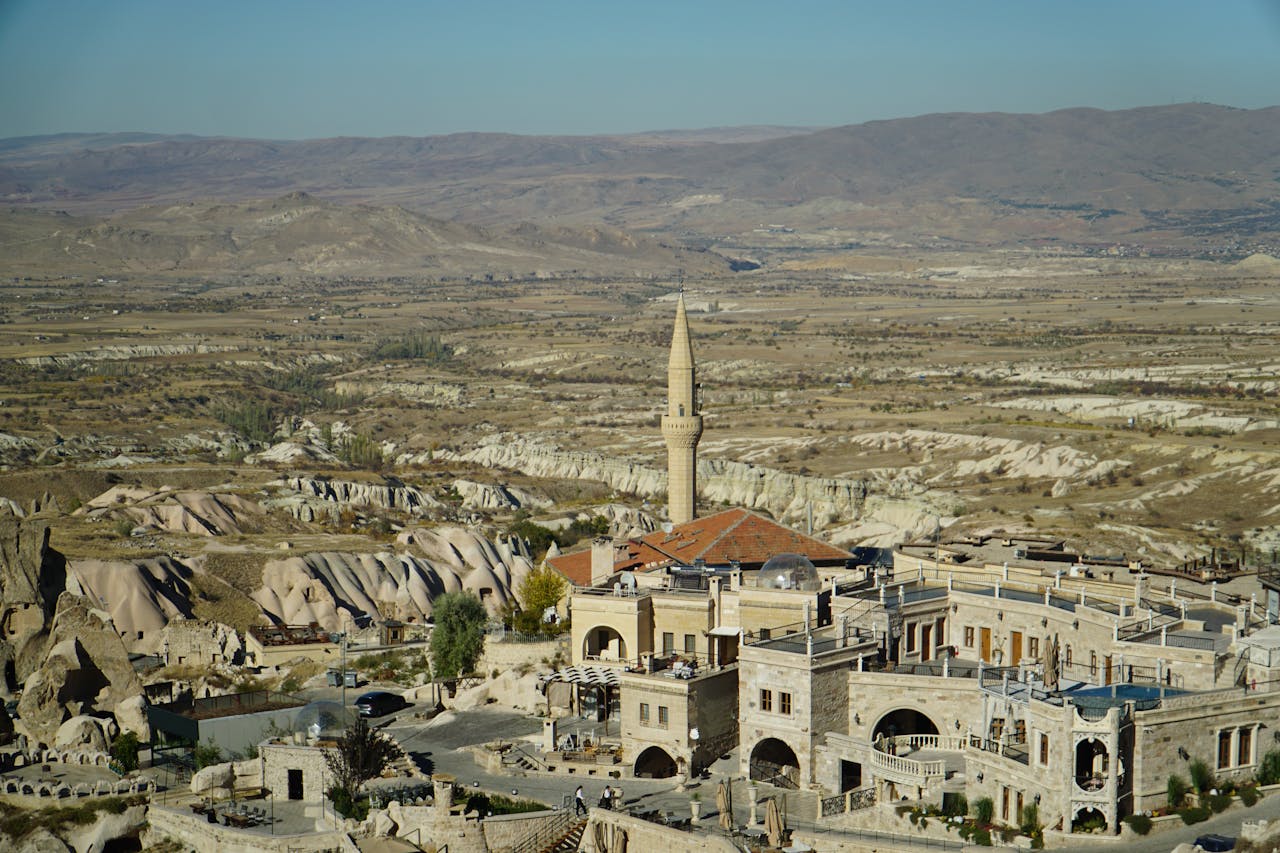 Scenic view of Uçhisar, an ancient village in Cappadocia, Turkey.